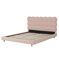 Lit double King Size Willsoon Design français Sherpa en laine et coton, tête de lit rembourrée à boutons capitonnés, cadre en bois souple
