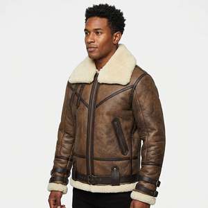 Blouson aviateur en cuir véritable marron pour homme, col rabattable, fermeture éclair, doublure en fausse fourrure, coupe-vent, style moto d'hiver - Product Image 1