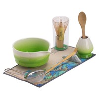 Ensemble de 4 ustensiles à thé matcha en céramique, durables et écologiques, avec dégradé de couleurs et motif feuille, comprenant bol, cuillère et support, style Japandi pour cérémonie du thé