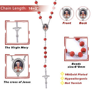 Chapelet catholique avec image du pape et croix perles en bois rouges chapelet de prière religieux parfait pour la prière de sacrement de baptême - Product Image 2