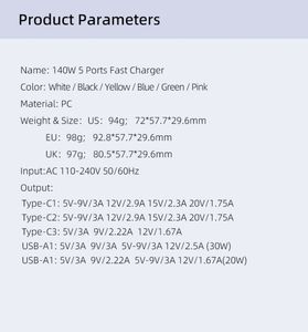 GAN เครื่องชาร์จ USB QC3.0คุณภาพสูง140W GAN PD อะแดปเตอร์ติดผนัง5พอร์ตสำหรับ iPhone และแล็ปท็อป - Product Image 5