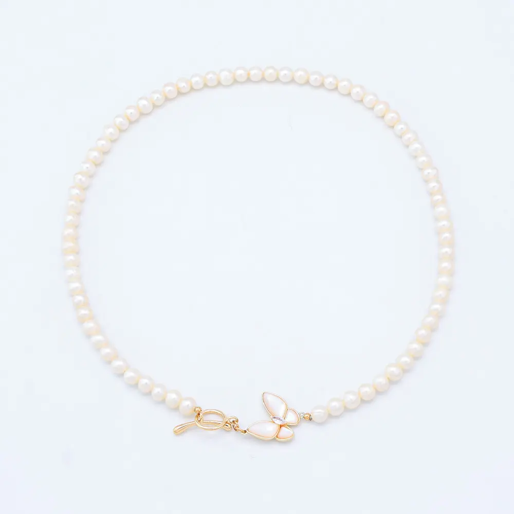 Butterfly Shape Mother Of Pearl Necklace With Natural Fresh Water White Round Pearl Choker Necklace