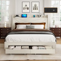 Cadre de lit Queen élégant en tissu rembourré avec deux tiroirs et station de charge, et tête de lit réglable pour chambre principale