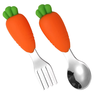 Juego de Cubiertos de Práctica para Niños, Cuchara y Tenedor para Bebés con Diseño de Zanahoria, Mango de Silicona, Acero Inoxidable 304 de Grado Alimenticio, Vajilla Infantil - Product Image 5