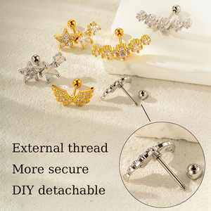 HENGSEN Joyería para <span class=keywords><strong>Piercing</strong></span> <span class=keywords><strong>Helix</strong></span> de Acero Inoxidable Chapado en Oro, Pendiente Grande Curvo de Cartílago con Estrella de Cristal, Tipo Rook Lobe con Cierre de Rosca - Product Image 3