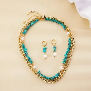 Trendy 3pcs Copper Chain Pearl Accessories Turquoise Necklaces And Earrings Women Fashion Jewelry Sets