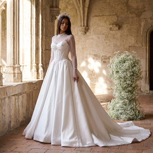 Robes de mariée élégantes Rsm261036 pour les mariées, perles, manches longues, col haut, fermeture éclair au dos, robe en satin style A, robe de mariage Jancemebr - Product Image 1