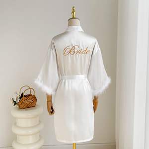 Wholesale Bridal Bride <strong>Robe</strong> for Wedding Day Set Feather Trim Satin Silk <strong>Robes</strong> Women Bachelorette Party Getting Ready Outfits - Product Image 1