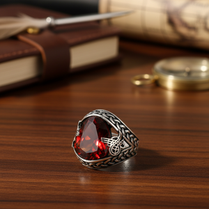 Triangle Cut Garnet Gemstone Ottoman Tugra Design <b>Men</b> <b>Rings</b> Authentic <b>Men</b> <b>Ring</b> Wholesale Handmade 925 Sterling Silver - Product Image 3