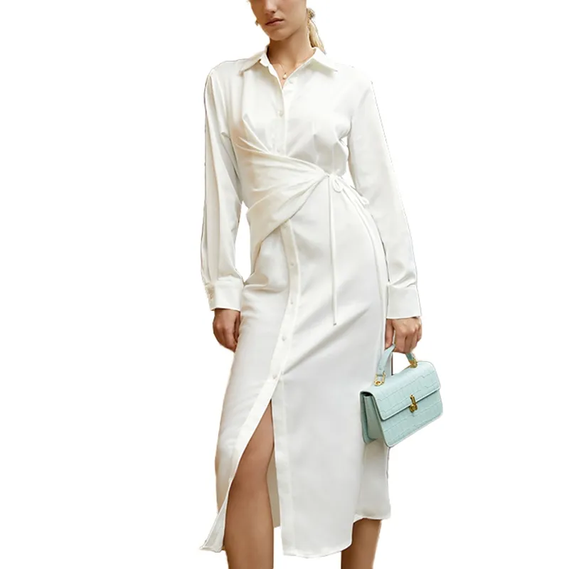 Midi Dresses Female Elegant Long Sleeve High Waist Lace Up White Elegant Shirt Dress For Women