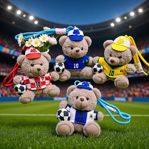 Porte-clés en peluche ours en uniforme de football de haute qualité avec ballon et drapeau national, pendentif ours pour les fans de sport - Product Image 1