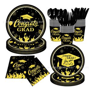 Graduation Theme Disposable Tableware <b>Set</b> Plates <b>Cups</b> Napkins Utensils Party Supplies for Graduation Celebration - Product Image 1