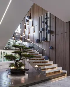 Thiết kế hiện đại trong nhà kính thẳng lan can Led cầu thang gỗ rắn treads nổi thép cầu thang gỗ