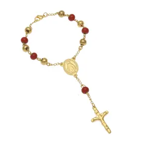 Hochwertige 8mm Perlen Edelstahl Wasserdicht Jesus Kreuz Anhänger Religiöse Perlen Armbänder Schmuck Gebet Rosenkranz Armband