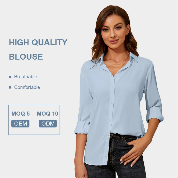 Top de blusa de manga longa para mulheres, camisa de botão com gola virada para baixo, amostra grátis personalizada OEM/ODM