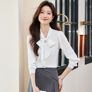 Women's Satin Long Sleeve Blouse With Bow <b>Tie</b> Office Wear Solid Color <b>Polyester</b> Fabric - Product Image 1
