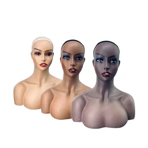 Женская голова манекена из ПВХ с двойными плечами, лысой и черной головой с плечами для париков