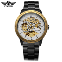 Montre-bracelet pour homme T-Winner, or, acier inoxydable, personnalisable, squelette, automatique, mécanique, de luxe
