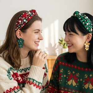 Custom Fashion Plaid Knot <strong>Headband</strong> for Women Girls Pearl Rhinestone Wide Hairband Christmas Holiday Party Accessories Headwear - Product Image 1