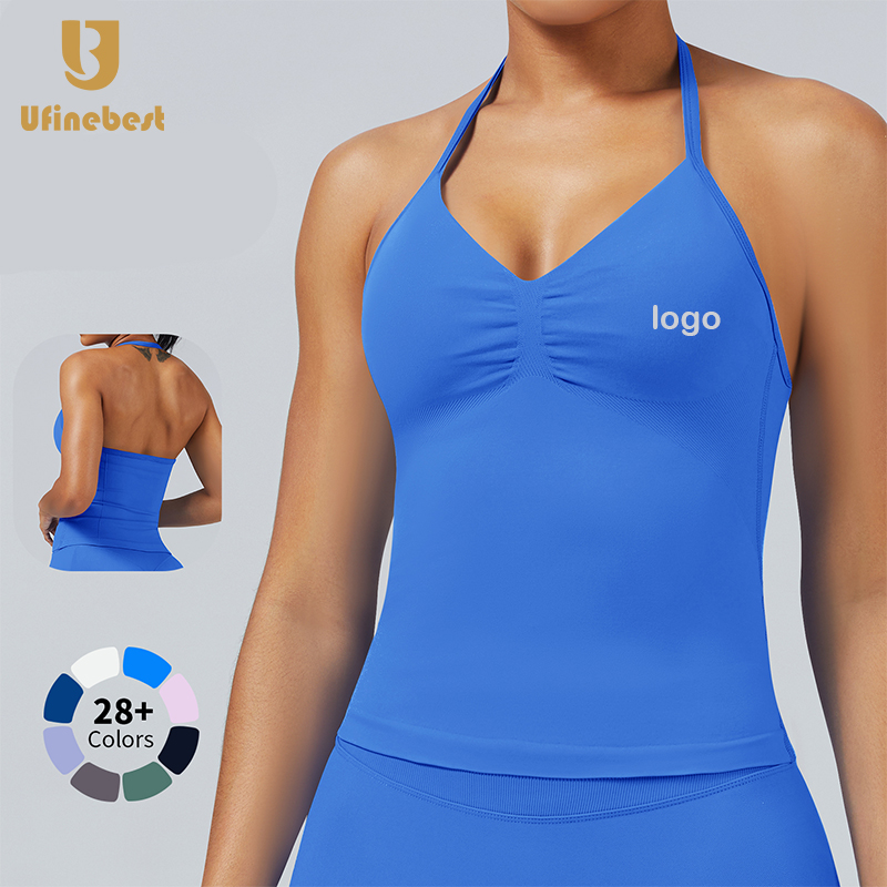 Women Front Scrunch Seamless Yoga Top Strappy Tank Tops Halter Neck Sport Gym Fitness Vest Sportswear