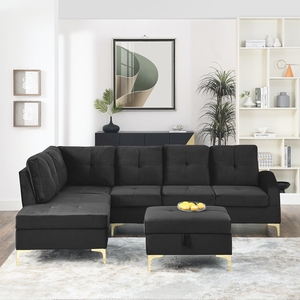 Winforce Factory Outlet moderno soggiorno in velluto tessuto 5 posti ad angolo pouf polifunzionale modulare divano componibile - Product Image 6