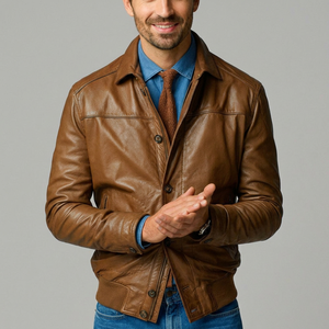 Custom <b>Men</b> Vintage Brown Genuine Leather <b>Jacket</b> Shirt Collar Casual <b>Bomber</b> Coat Premium Cowhide Button Zipper Winter <b>Jackets</b> - Product Image 2