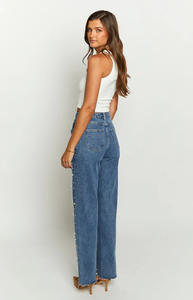 Jeans pour femmes à jambe large et coupe droite, style doux, taille mi-haute, denim léger respirant, double taille perlée, vente en gros - Product Image 2