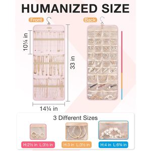 Hanging Jewelry Organizer Pink Double-Sided Storage Roll for Earrings Necklaces Bracelets Rings Watches - Product Image 3