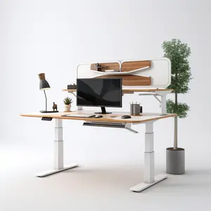 طاولة مكتب حديثة، طاولة بمحرك مزدوج و3 مراحل مع سطح المكتب، طاولة خشبية، أثاث مكتبي مريح