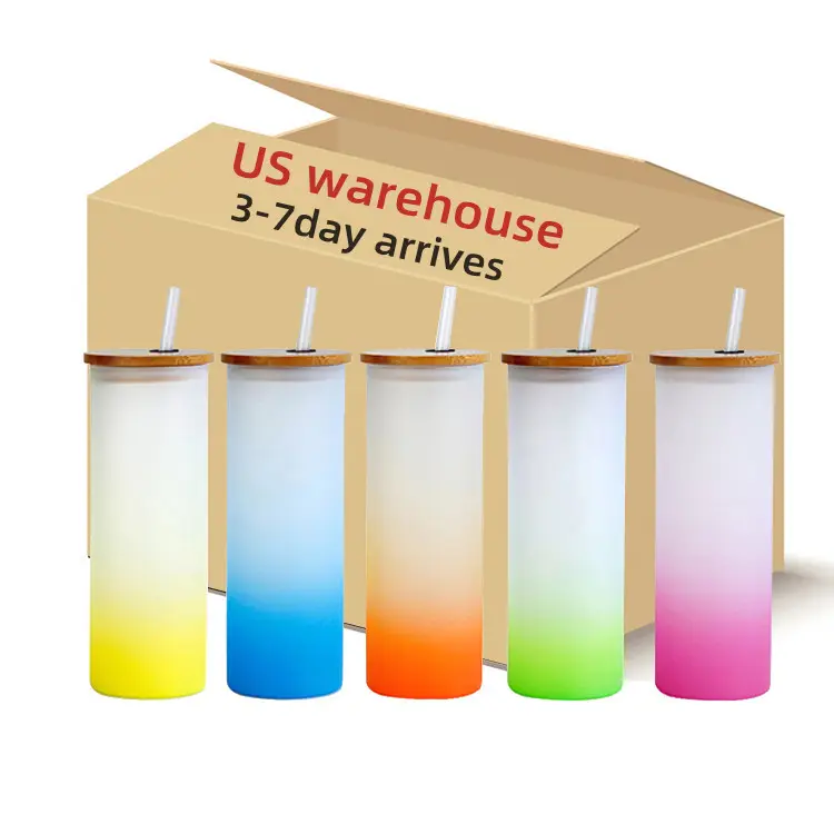 Us Warehouse Colorful Glass Mug 25oz Gradient Color Sublimation Frosted Glass Tumbler With Bamboo Lid