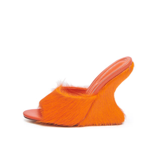 Mules da Donna <span class=keywords><strong>con</strong></span> Zeppa in Pelo di Cavallo <span class=keywords><strong>Arancione</strong></span>, <span class=keywords><strong>Tacco</strong></span> Scultoreo Unico e Punta Aperta, Calzature di Tendenza - Product Image 1