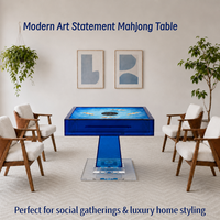 Table de Mahjong automatique élégante en acrylique bleu motif Poisson Koi, plateau carré avec système de levage automatique des tuiles pour soirées jeux à domicile