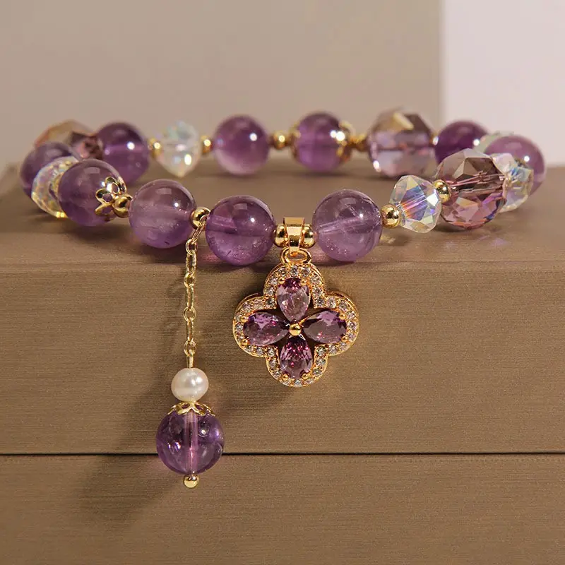 2023 Bracelet en cristal d'améthyste authentique en gros avec des breloques Bracelet en cristal de guérison de pierres précieuses violettes naturelles pour les femmes