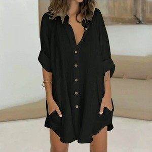 Mulheres Single Breasted Camisa Vestido Sólido Stand Collar Pocket Dresses Manga Longa Lady Summer Beach Cover up Dress - Product Image 3