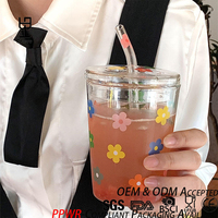 Gobelet en verre Ins Korea avec couvercle et paille, créatif, résistant à la chaleur, avec échelle graduée, pour la rentrée scolaire, motif floral mignon