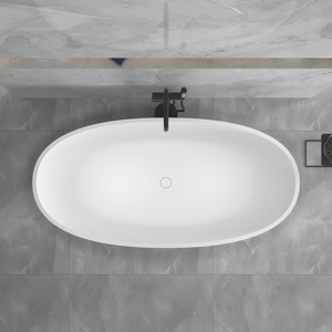 Bañera Moderna y Confortable de Piedra Artificial, Superficie Sólida, Independiente, para Baño Interior, Forma Ovalada, con Desagüe - Product Image 3
