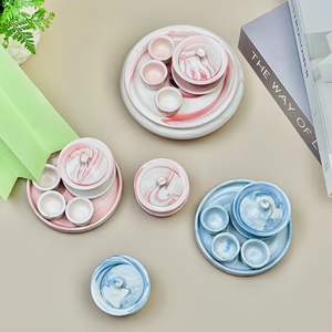 Mini service à thé créatif en céramique pour enfants à texture marbrée bleue et rose un pot quatre tasses - Product Image 1