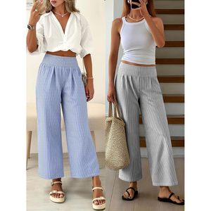ANRABESS Pantalon palazzo rayé à jambes larges pour femme, en coton et fibre de bambou, respirant, avec poches, décontracté, pour la détente, bas de pyjama court - Product Image 6