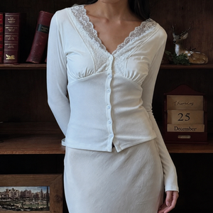 Top de Punto con Cuello en V y Botones Delanteros, con Encaje y Parches, Elegante, Ajustado a la Cintura, de Manga Larga, para Otoño e Invierno - Product Image 5