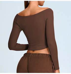 Sexy Off-Shoulder Long Sleeve Breathable Sweat-Wicking Quick Dry Spandex/Nylon Solid Front <b>Crop</b> <b>Top</b> Skinny Fit Women's Sports - Product Image 4