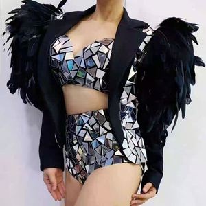 Conjuntos de Bikini de Spandex/Poliéster con Lente Reflectante y Diseño de Concha de Pájaro en Relieve, Abrigo con Plumas Divididas, para Danza del Vientre Gogo y Actuaciones DS - Product Image 2