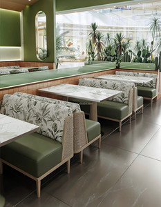Banqueta de Pared Tapizada con Diseño Floral Tropical, Mesa con Base de Madera y Tapa de Piedra, Silla Verde Trenzada, Suministro al por Mayor para Bistro - Product Image 6