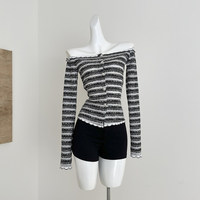 Koreanische Spitze Schwarz-Weiß Gestreifter Off-Shoulder Tweed Strickjacke Damen Herbst Slim-Fit