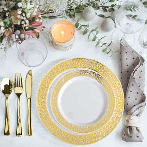 25 אורחים חד פעמי לבן זהב תחרה עיצוב צלחות סט כלי אוכל: 9oz כוס + קינוח עוגת צלחת + מזלג סכין כפית - Product Image 4