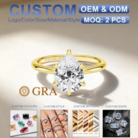 Anillo Solitario de Moissanita Corte Pera de 2ct, Joyería Hipoalergénica, Chapado en Oro de 14K, Certificado GRA, Joyería al por Mayor, Nombre Personalizado