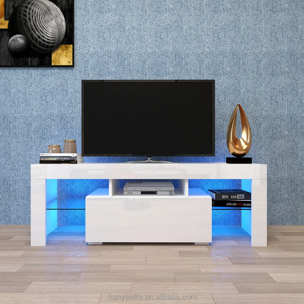 HANYEE Stan Kabinet TV Kayu Gaya Modern MDF dengan Lampu Led, Furnitur Berdiri Konsol TV Led untuk Ruang Tamu