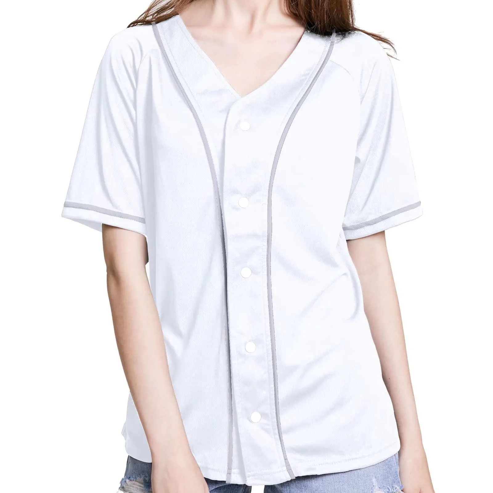 여자 야구 저지 버튼 다운 티셔츠 반소매 단색 힙합 스포츠 셔츠 유니폼