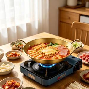 FLEY Sartén de Paella de Acero Inoxidable Estilo Coreano con Doble Asa, <span class=keywords><strong>Olla</strong></span> para Mariscos, Dorado/Plateado, Compatible con Inducción - Product Image 1