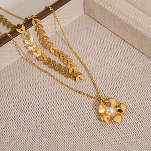 Collar de Doble Capa de Acero Inoxidable 304 con Colgante de Flor Chapado en Oro de 18K de Moda, Electrochapado al Vacío de 18K para Mujer - Product Image 5