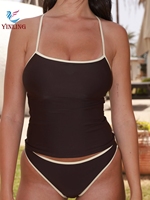 Tankini Dua Potong ODM Custom Contrast Binding dengan Tali Spaghetti, Atasan Tank Top Panjang, dan Bawahan Bikini High Cut untuk Wanita